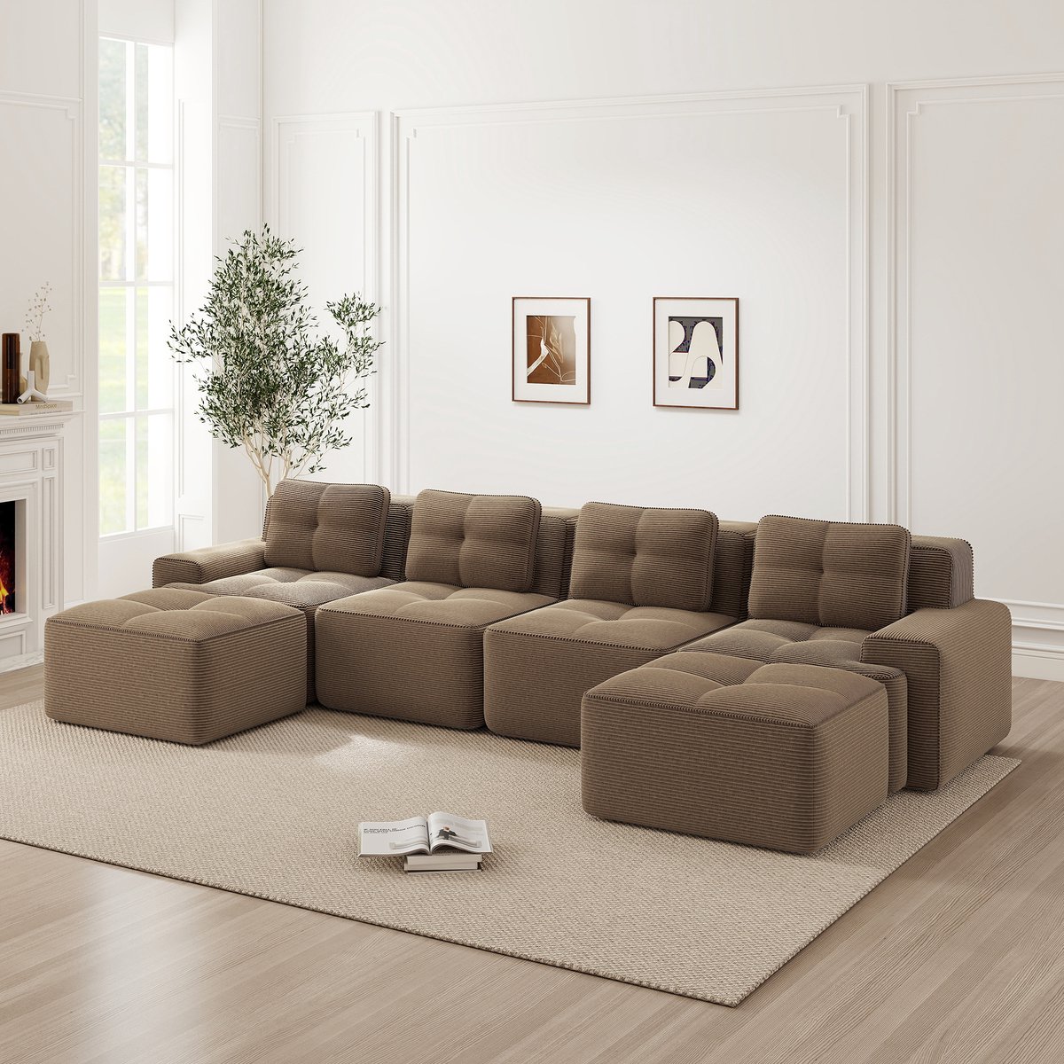 Modulaire U-vormige bank met chaise longue - Woonkamer, diep zitcomfort - 4-zits - Bruin - Zachte corduroy, huisdierbestendig - 74 cm diepe zit - Geen montage, antislip