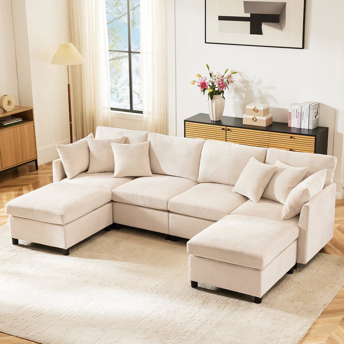 Modulair bankstel met 2 hockers - omvormbaar tot U- of L-vorm - 4-6 personen, 278x161x81 cm - diverse kleuren - zachte chenille stof - 6 kussens inbegrepen - ergonomische diepe zit