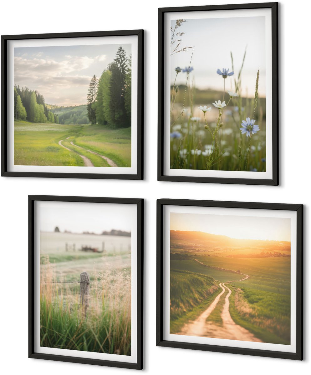 Coloray 4-Delige Schilderij Set - Natuurlandschappen Met Velden En Paden In De Zon. - 40 x 40 cm En 40 x 60 cm - Muurdecoratie - Schilderijen Set - Woonkamer - Interieur Decoratie Zwarte lijst