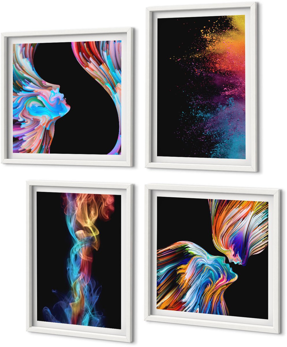 Coloray 4-Delige Schilderij Set - Kleurrijke Abstracties Met Gezichten En Dynamische Vormen - 40 x 40 En 40 x 60 - Muurdecoratie - Decoratieve Schilderijen - Wohnzimmer - Wanddecoratie