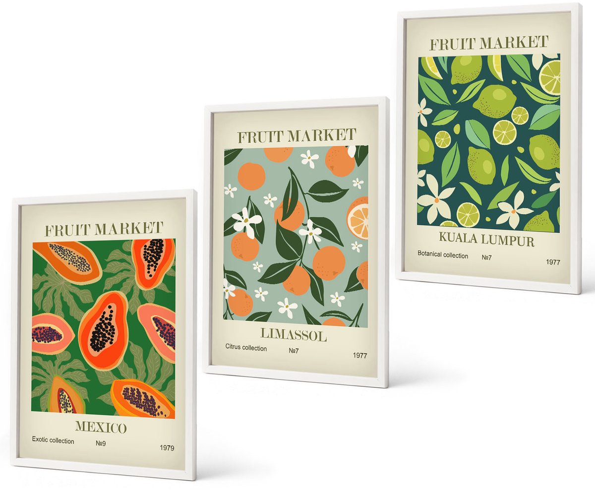 Coloray 3-Delige Schilderij Set - Vintage Posters Met Fruitpatronen - 40 x 60 - Decoratieve Schilderijen - Wanddecoratie - Hal - Stijlvolle Muurdecoratie