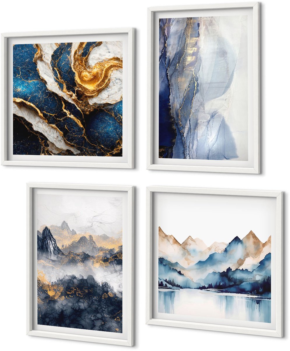 Coloray 4-Delige Schilderij Set - Berglandschappen Met Blauwe En Grijze Tinten - 40 x 40 En 40 x 60 - Wanddecoratie - Muurdecoratie - Moderne Interieurdecoratie