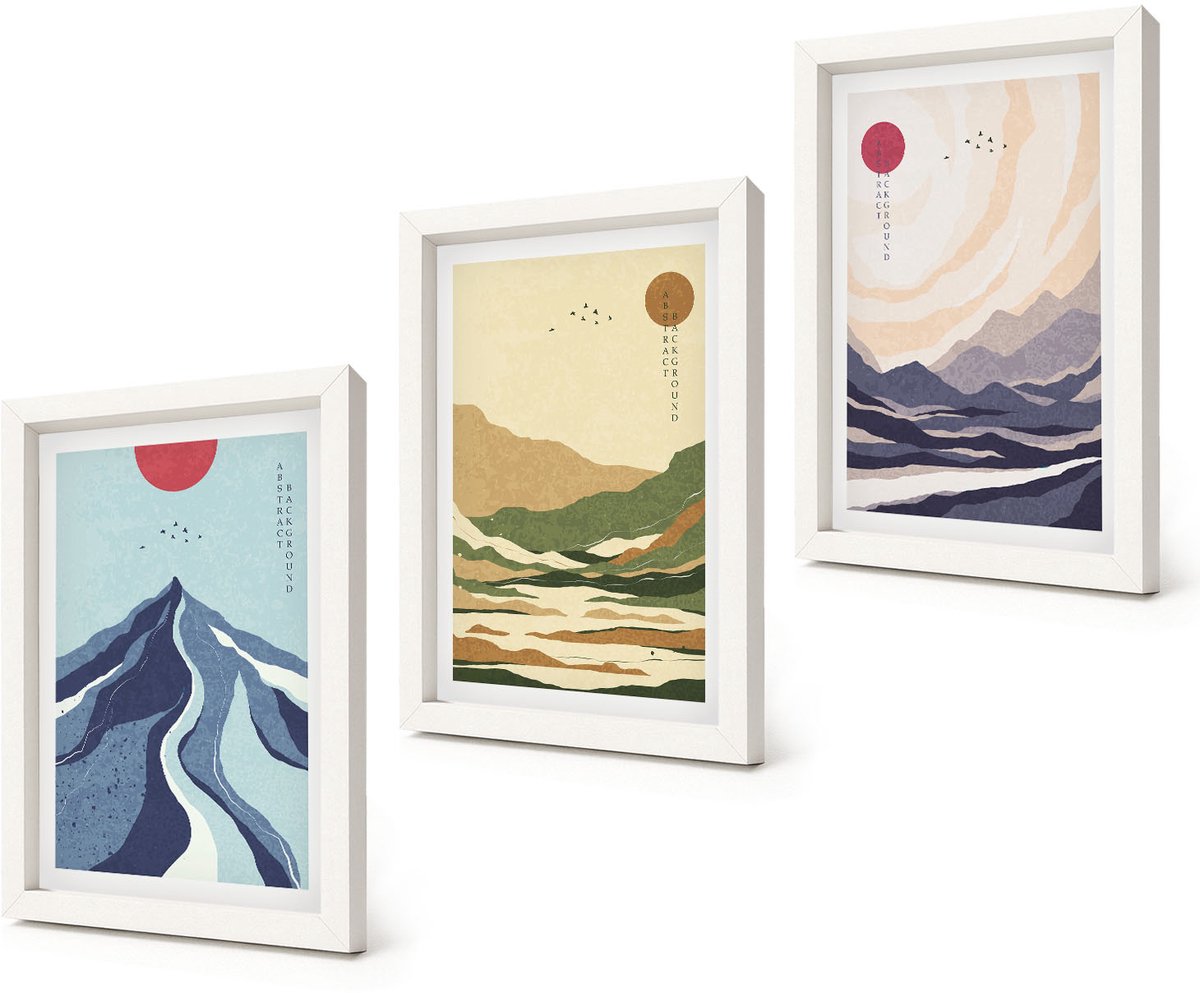 Coloray 3-Delige Schilderij Set - Bergen in pastelkleuren in Japanse stijl - 20x30 - Decoratieve Schilderijen - Wanddecoratie - Hal - Moderne Wanddecoratie