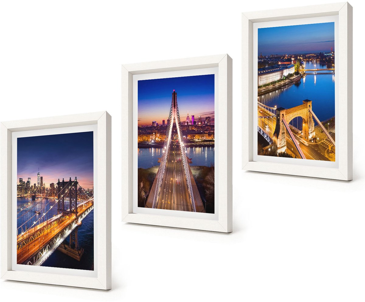 Coloray 3-Delige Schilderij Set - Stadsgezichten 's nachts met bruggen en rivieren - 20x30 - Decoratieve Schilderijen - Woonkamer - Interieur - Woonkamer Decoratie
