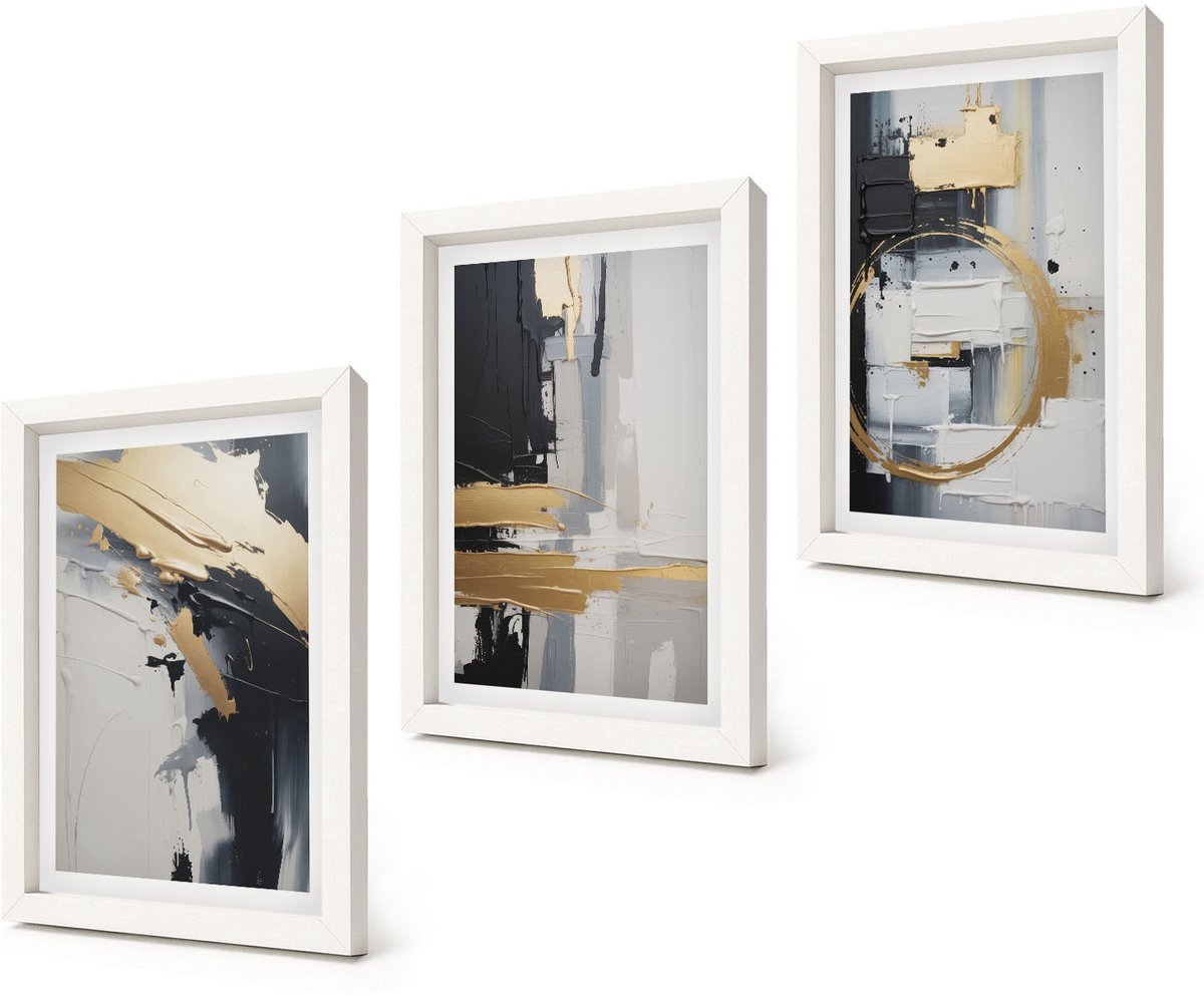 Coloray 3-Delige Schilderij Set - Abstracte schilderijen in zwart-wit - 20x30 - Decoratieve Muurdecoratie - Slaapkamer
