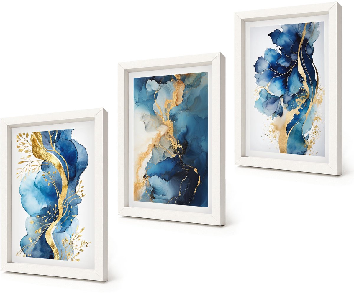 Coloray 3-Delige Schilderij Set - Blauwe abstracte patronen met subtiele accenten - 20x30 - Wanddecoratie - Moderne Interieurdecoratie