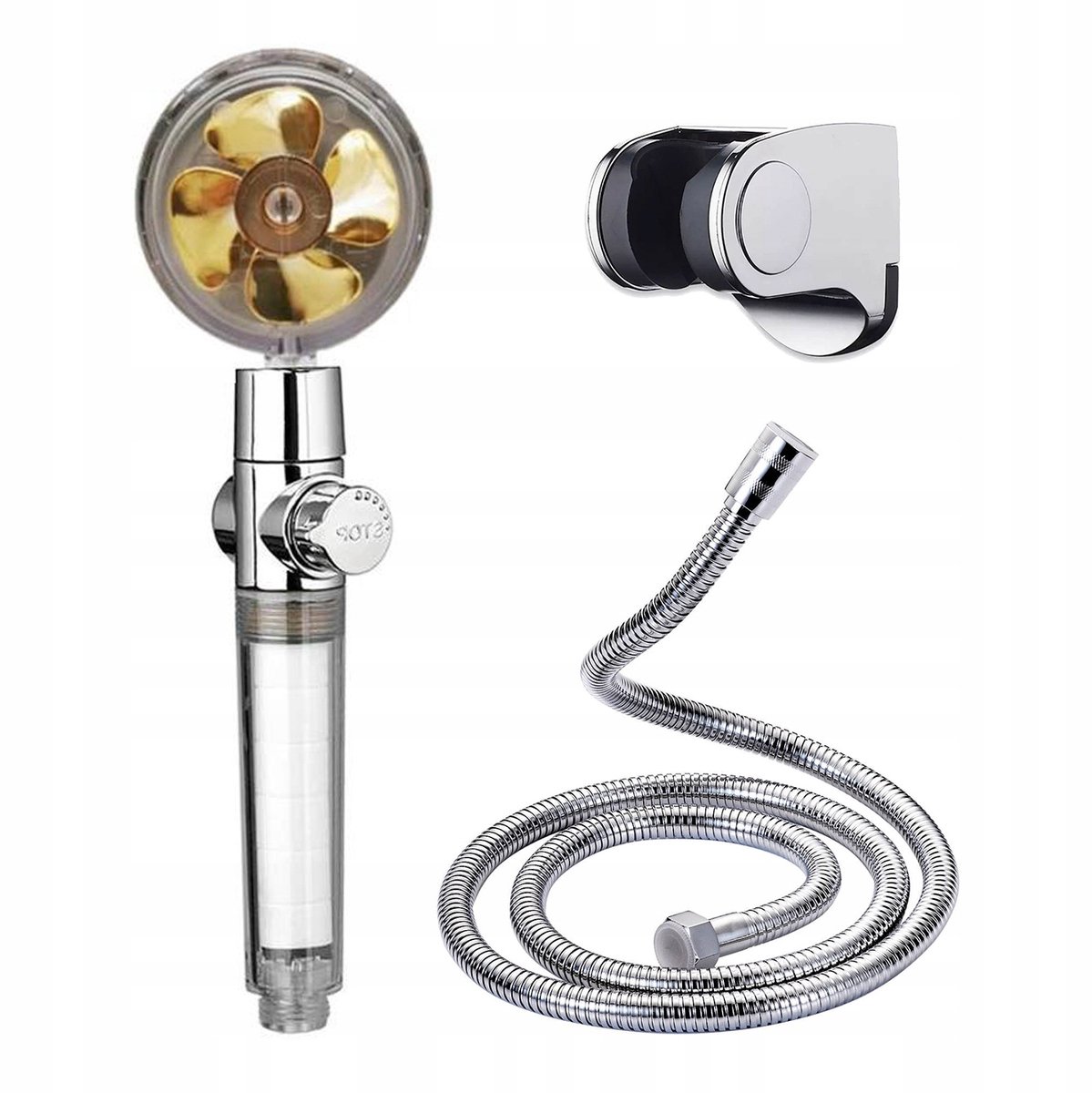 Doucheset Goud: Douchekop met Turboventilator, Slang & Houder