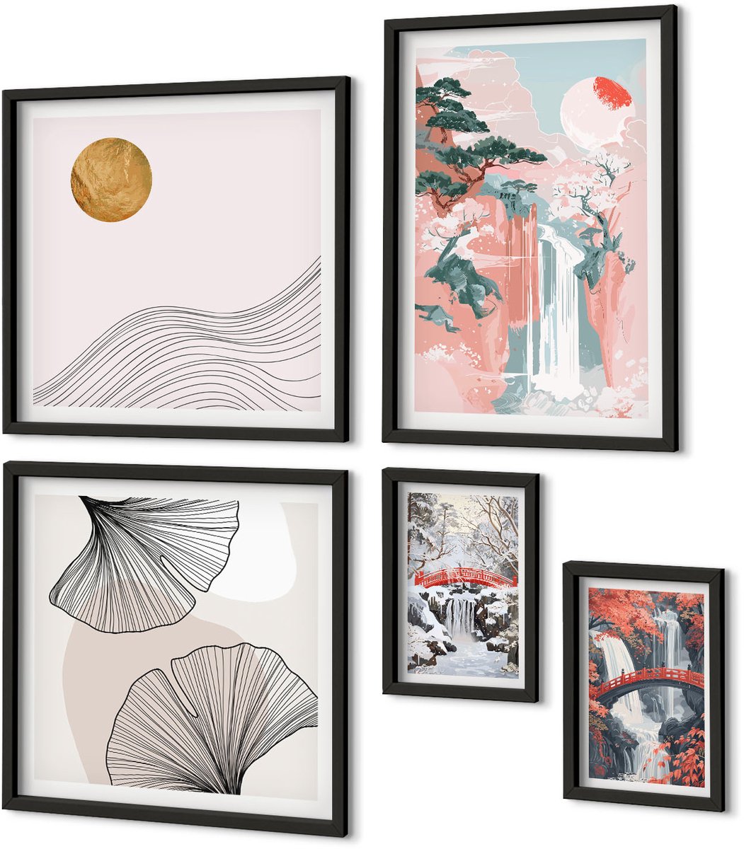 Coloray 5-Delige Schilderij Set - Natuurlijke Landschappen Met Watervallen En Vegetatie In Japanse Stijl - 50 x 50 cm, 20 x 30 cm En 40 x 60 cm - Moderne Wanddecoratie - Slaapkamer - Interieur Decoratie