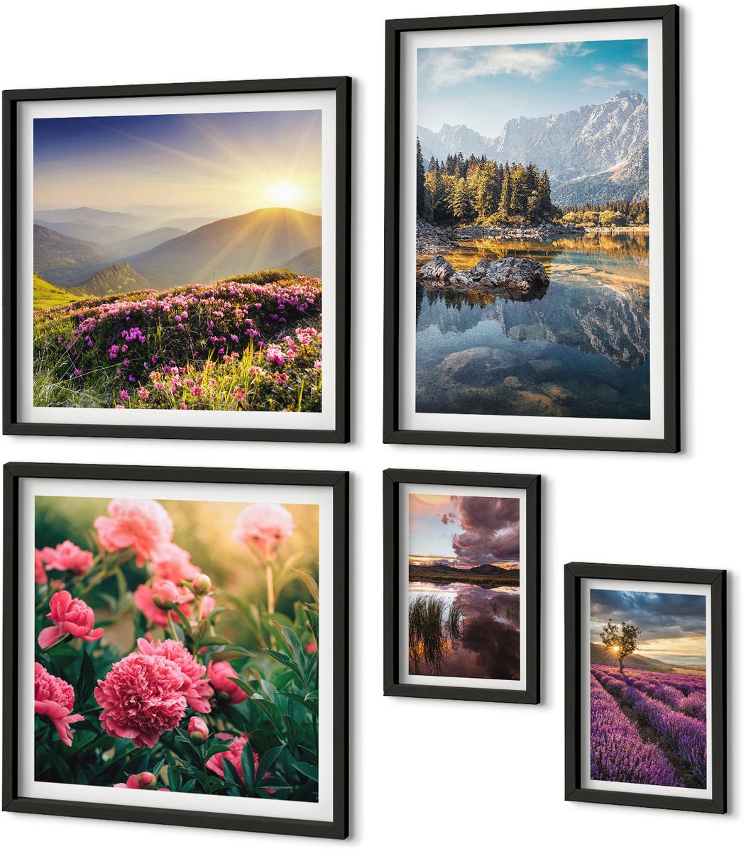 Coloray 5-Delige Schilderij Set - Natuurlandschappen Met Bloemen En Uitzicht Op De Bergen - 50 x 50 cm, 20 x 30 cm En 40 x 60 cm - Moderne Wanddecoratie - Woonkamer - Decoratieve Schilderijen