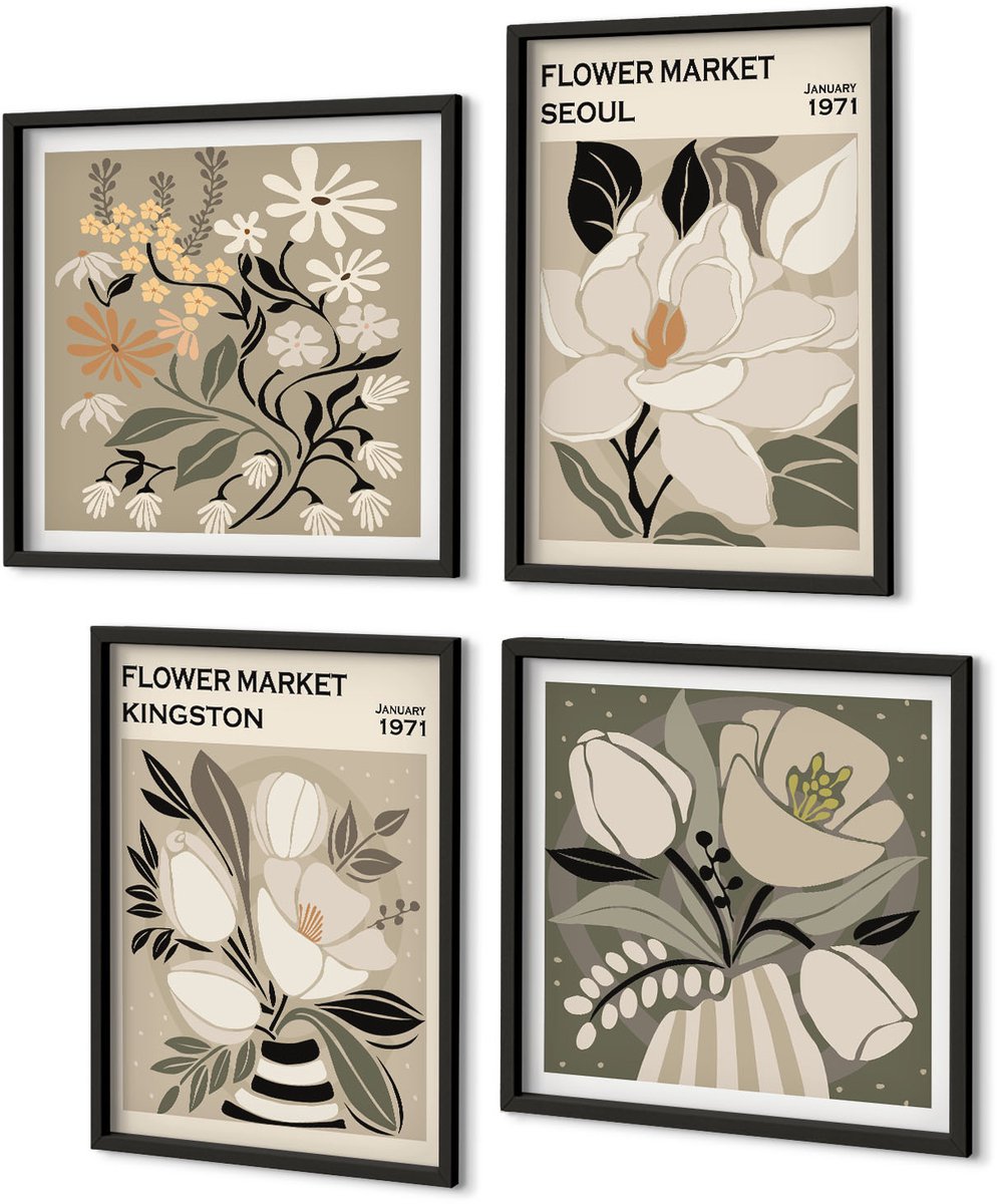 Coloray 4-Delige Schilderij Set - Kingston Seoul Bloemen Retro Stijl Illustraties - 40 x 40 cm En 40 x 60 cm - Muurdecoratie - Interieur Decoratie - Moderne Wanddecoratie Zwarte lijst