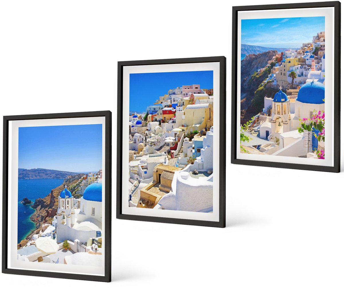 Coloray 3-Delige Schilderij Set - Landschapsarchitectuur En Uitzichten Op De Stad Oia Op Santorini, Griekenland - 40 x 60 cm - Wanddecoratie - Woonkamer Decoratie - Stijlvolle Muurdecoratie