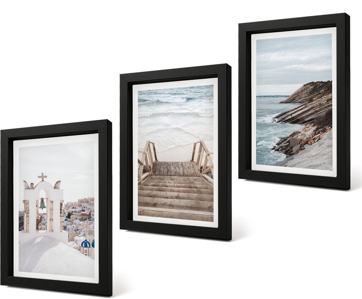 Coloray 4-Delige Schilderij Set - Uitzicht op de zee en de architectuur van Santorini tegen de hemel. - 20 x 30 cm - Wanddecoratie - Moderne Interieurdecoratie - Interieur Decoratie