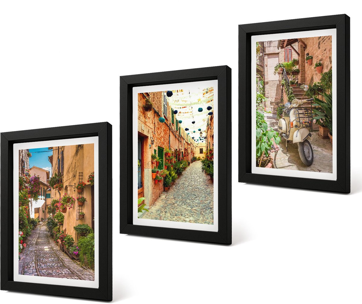 Coloray 4-Delige Schilderij Set - Sfeervolle straatjes met bloemen in een Italiaanse ambiance. - 20 x 30 cm - Wanddecoratie - Muurdecoratie - Woonkamer