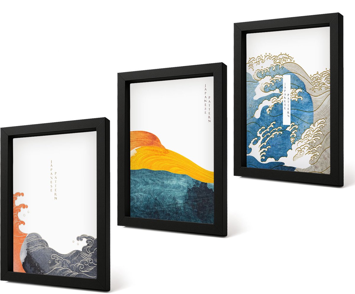 Coloray 4-Delige Schilderij Set - Golven in Japanse grafische stijl - 20 x 30 cm - Moderne Wanddecoratie - Slaapkamer