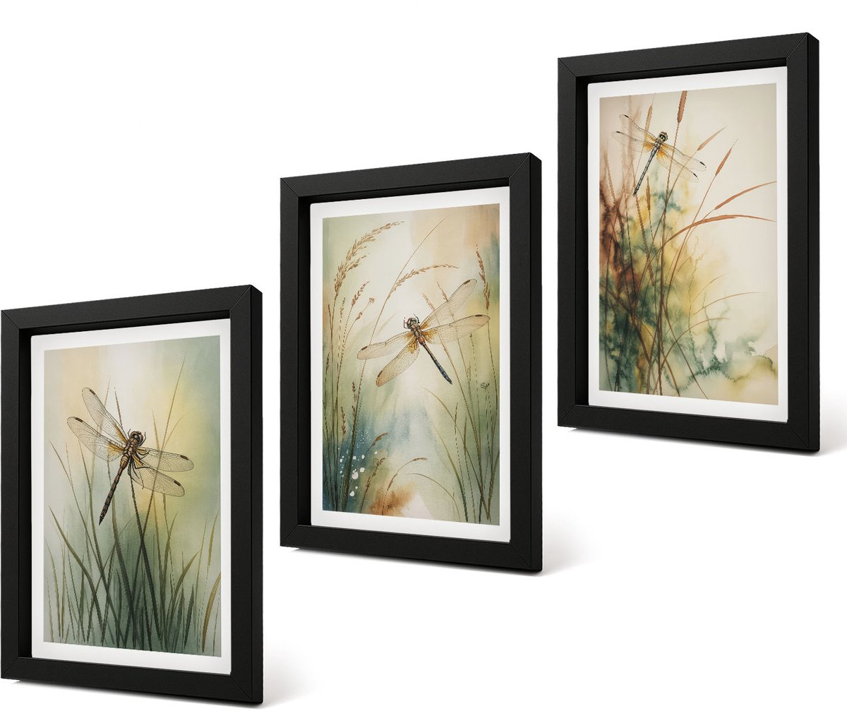 Coloray 4-Delige Schilderij Set - Geschilderd gras met libellen boven het water. - 20 x 30 cm - Decoratieve Schilderijen - Wanddecoratie - Hal