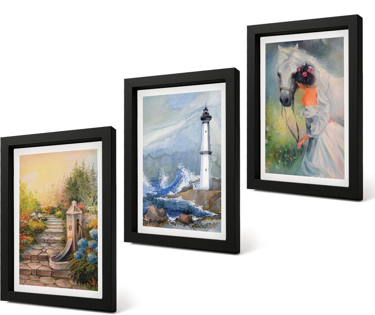 Coloray 4-Delige Schilderij Set - Natuurlandschap, vuurtoren en meisje met paard - 20 x 30 cm - Stijlvolle Wanddecoratie - Interieur - Moderne Wanddecoratie