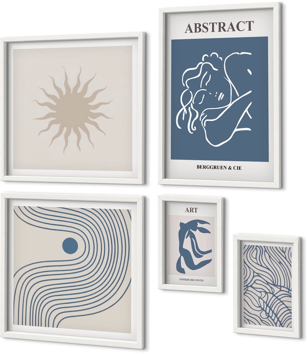 Coloray 5-Delige Schilderij Set - Stijlvolle Abstracties Met Geometrische Vormen En Lijnen - 50 x 50 cm, 20 x 30 cm En 40 x 60 cm - Muurdecoratie - Wanddecoratie - Slaapkamer - Stijlvolle Muurdecoratie