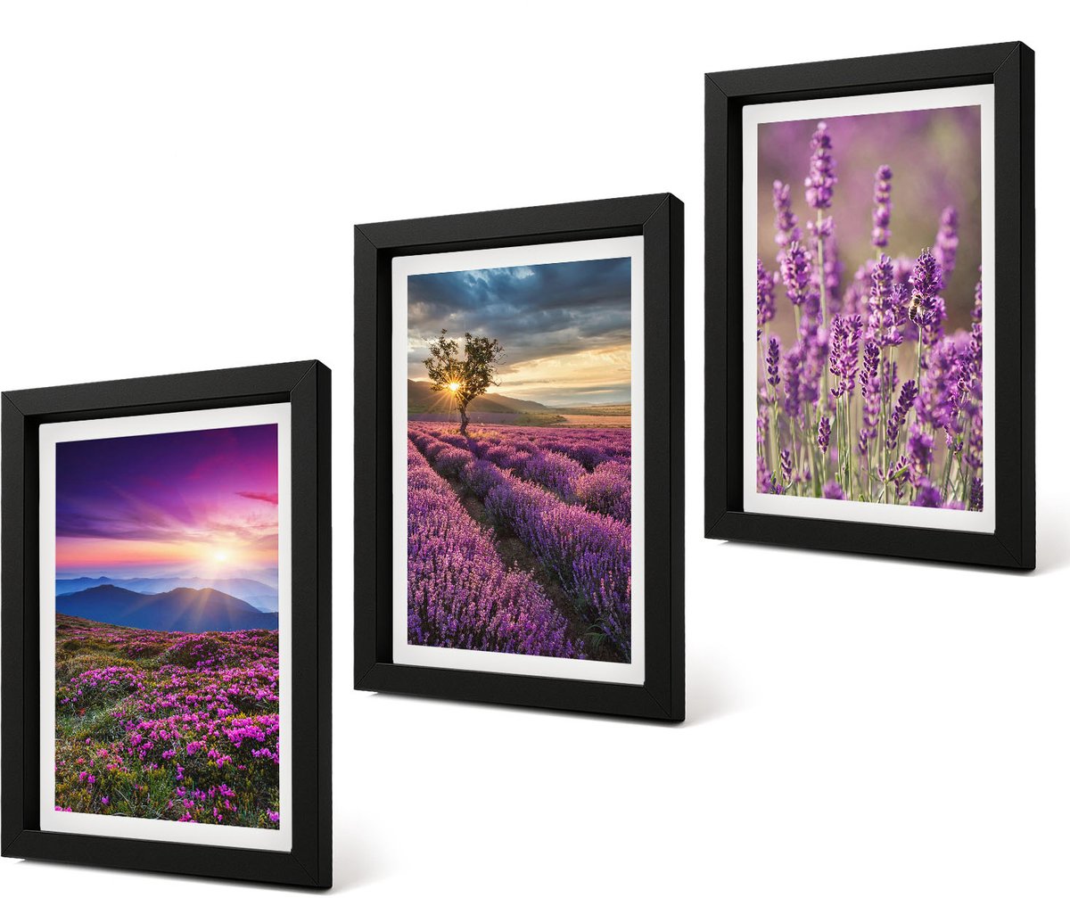 Coloray 4-Delige Schilderij Set - Landschap met lavendelvelden en zonsondergang - 20 x 30 cm - Decoratieve Muurdecoratie - Slaapkamer - Woonkamer Decoratie