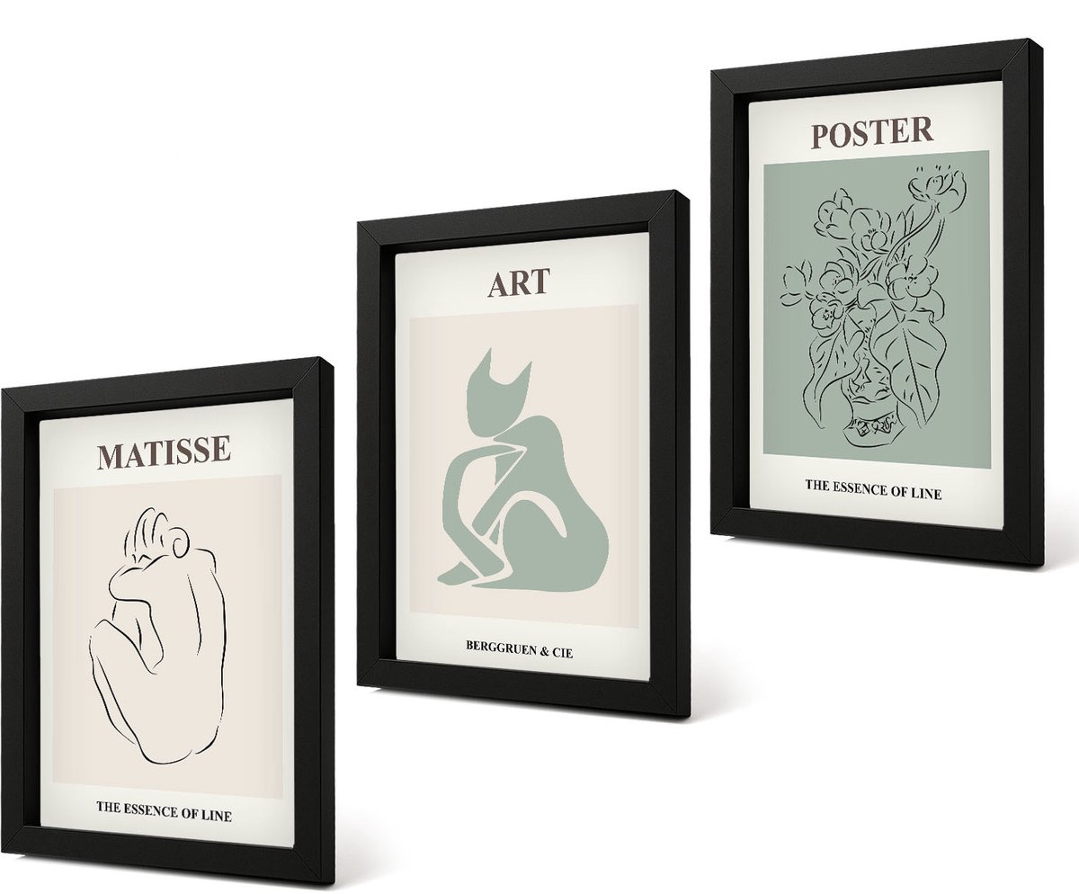 Coloray 4-Delige Schilderij Set - Posters in beige- en groentinten van Henri Matisse - 20 x 30 cm - Stijlvolle Muurdecoratie - Slaapkamer
