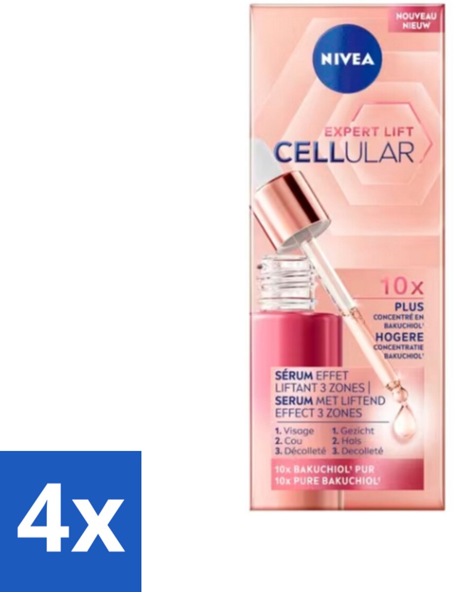 4 x NIVEA - Gezichtsserum - CELLular Expert Lift - Met Bakuchiol - Liftend effect - Alternatief voor Retinol - Voor alle huidtypen - 30 ml - NIVEA CELLular Expert - Anti-aging Serum - Liftend Serum - Bakuchiol Serum - Rimpelvermindering