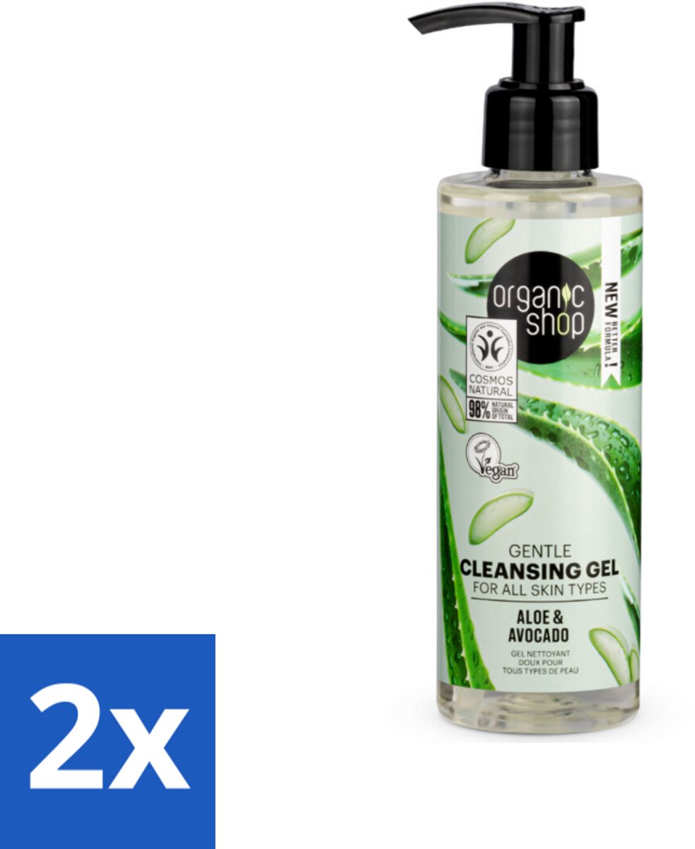 2 x Organic Shop - Cleansing Gel Avocado & Aloe - Verfrissend en Hydraterend - 200 ml - Biologische Gezichtsreiniger - Avocado Reiniging - Aloë Reiniging - Hydraterende Gezichtsreiniger - Vegan Gezichtsreiniger