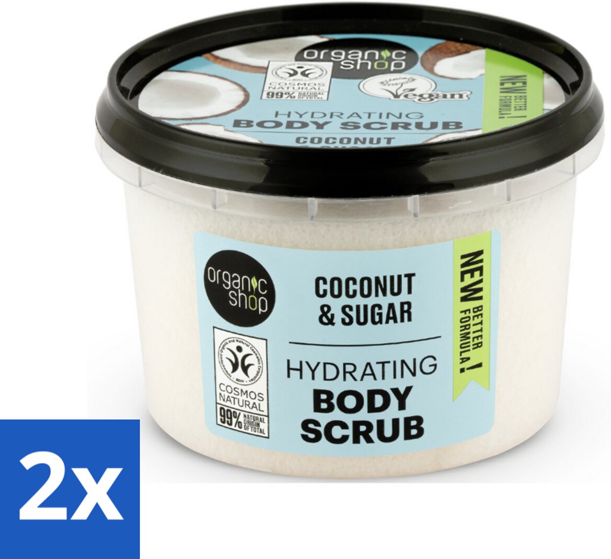 2 x Organic Shop - Hydrating Body Scrub Coconut - Diep Voedend - 250 ml - Suikerscrub - Hydraterende Body Scrub - Kokos - Natuurlijke Ingrediënten - Exfoliatie