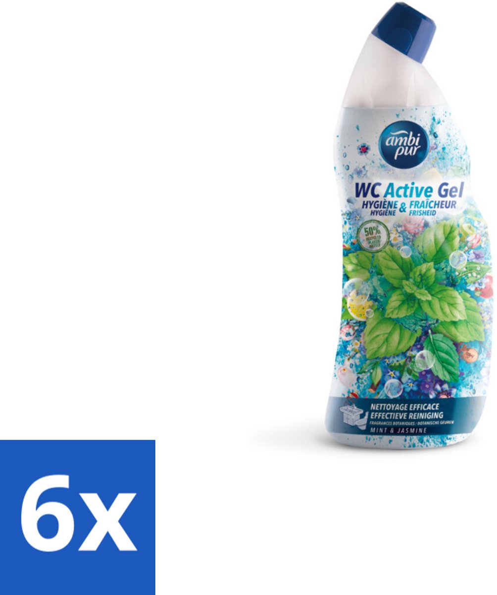 6 x Ambi Pur - Toiletreiniger - WC Active Gel - Mint & Jasmijn - 750 ml - Toilet Schoonmaak - Toilet Reiniger - Wc Gel - Anti-kalk - Frisse Geur