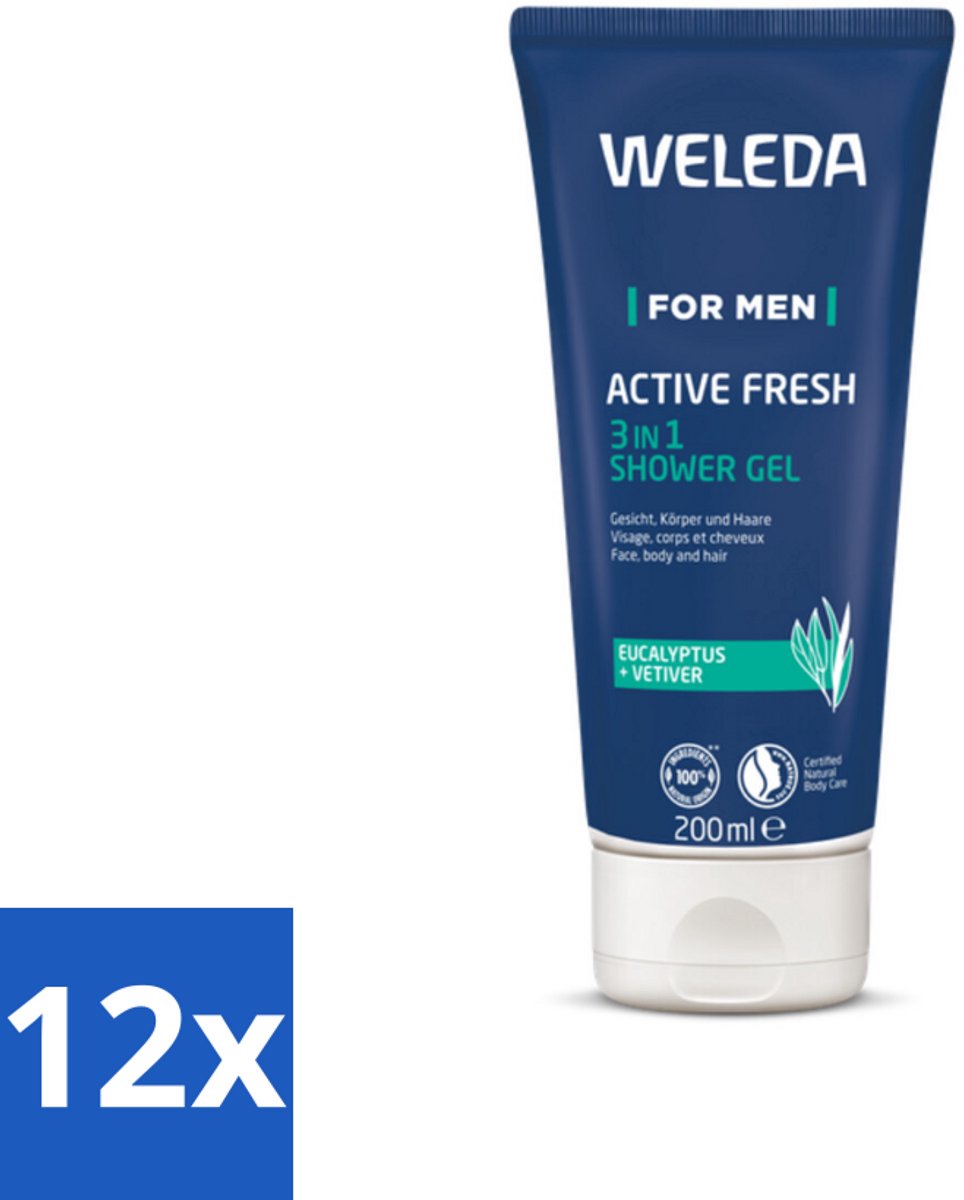 12 x WELEDA - Douchegel 3‑in‑1 Active Fresh Men - 200 ml - Douchegel - Mannen - 3-in-1 - Natuurlijke - Eucalyptus