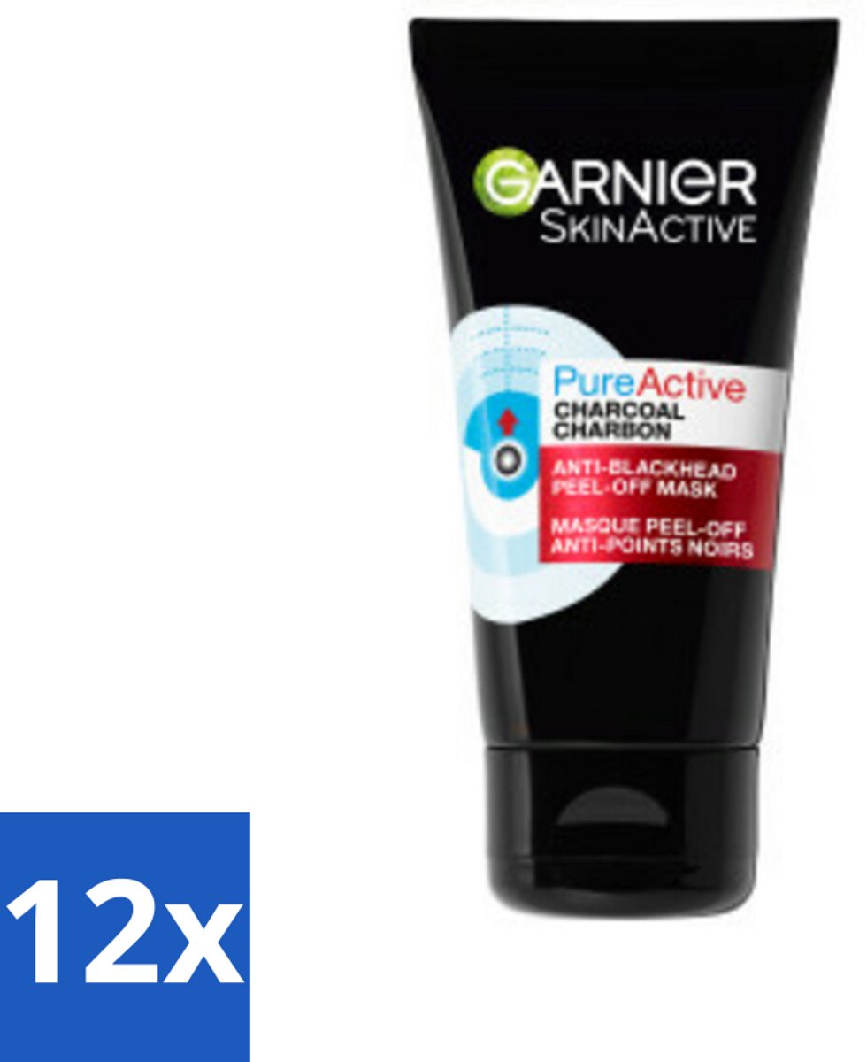 12 x Garnier - Pure Active - Peel-Off Masker - Charcoal - 50 ml - Diepe Reiniging - Houtskool Masker - Poriën Vermindering - Mee-eters Verwijderen - Gezichtsmasker