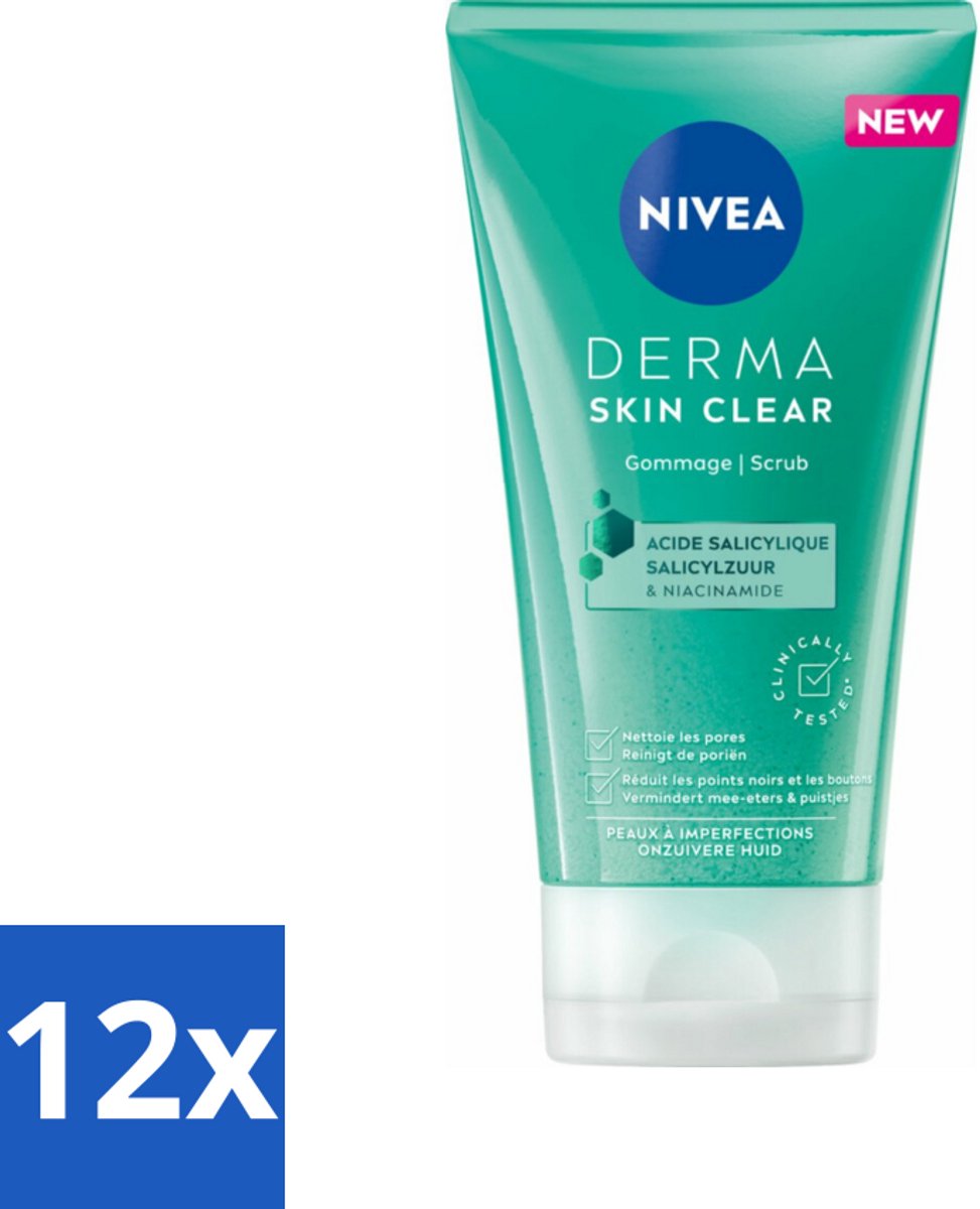 12 x NIVEA - Gezichtsscrub - DERMA Huidzuiver - Voor onzuivere huid - Met Salicylzuur (AHA) & Niacinamide - Tegen Acne & Mee-eters - 150 ml - Gezichtscrub - Puistjes - Mee-eters - Onzuivere Huid - Salicylzuur