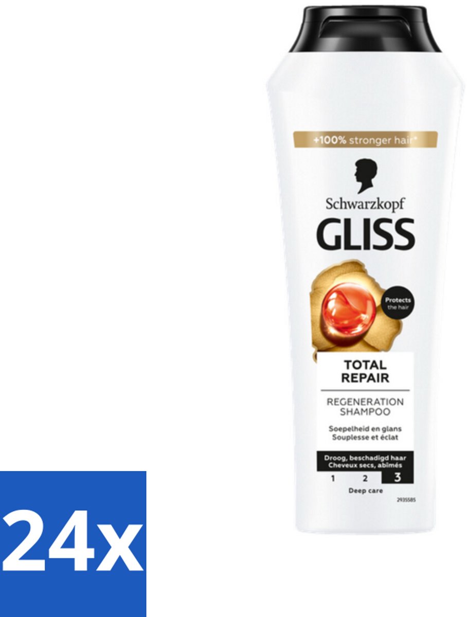 24 x Gliss - Shampoo - Total Repair - Voor Intensief Haarherstel - 250 ml - Haarherstel Shampoo - Droge Haren Shampoo - Beschadigd Haar Shampoo - Keratine Shampoo - Haarversterkende Shampoo