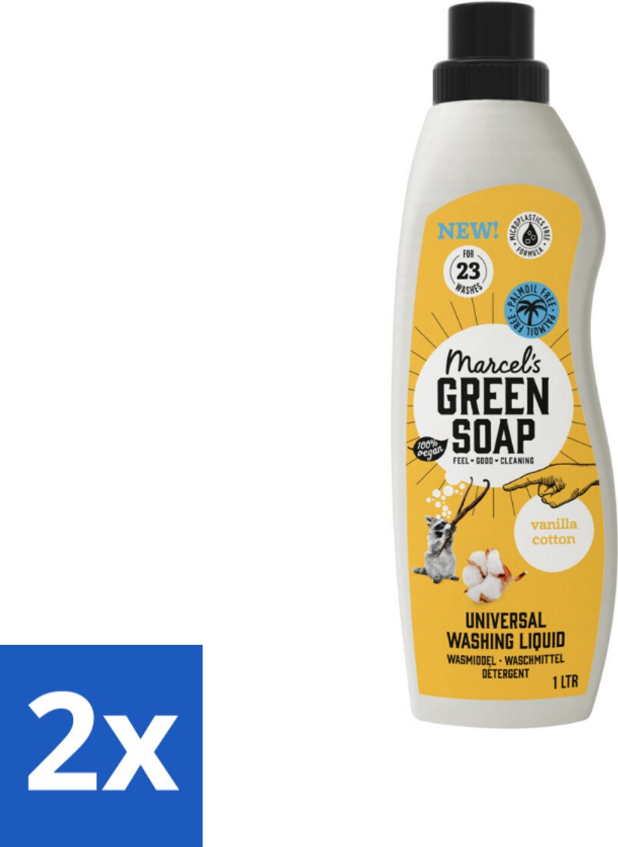 2 x Marcel's Green Soap - Vloeibaar Wasmiddel - Katoen & Vanille - Effectief & natuurlijk - 23 Wasbeurten - 1 Liter - Wasmiddel Katoen - Wasmiddel Vanille - Biologisch Wasmiddel - Milieuvriendelijk Wasmiddel - Natuurlijke Zeep