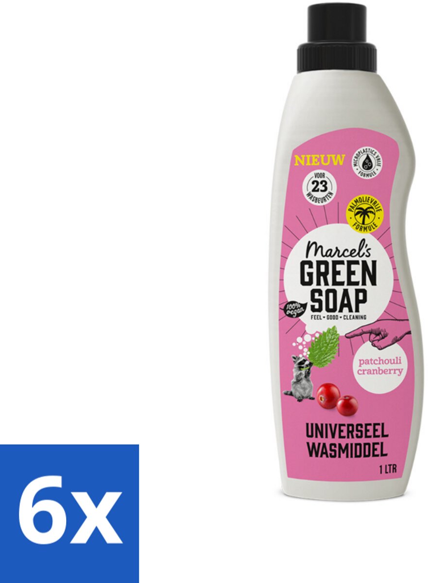 6 x Marcel's Green Soap - Vloeibaar Wasmiddel - Patchouli & Cranberry - Effectief & natuurlijk - 23 Wasbeurten - 1 liter - Wasmiddel - Biologisch Wasmiddel - Milieuvriendelijk Wasmiddel - Natuurlijke Zeep - Wasmiddel Patchouli