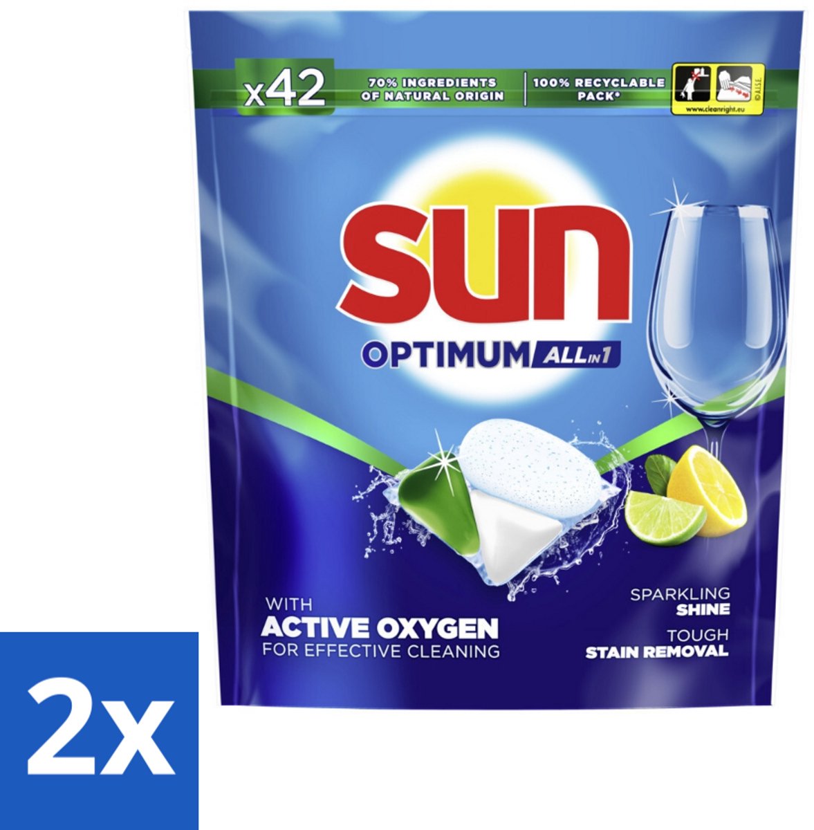2 x Sun - Vaatwascapsules - Optimum All-in-1 Citroen met Active Oxygen - 42 capsules - Vaatwassen - Vaatwassen Capsule - Citroen Vaatwassen - Activiteit Oxygen - Eco Vaatwassen