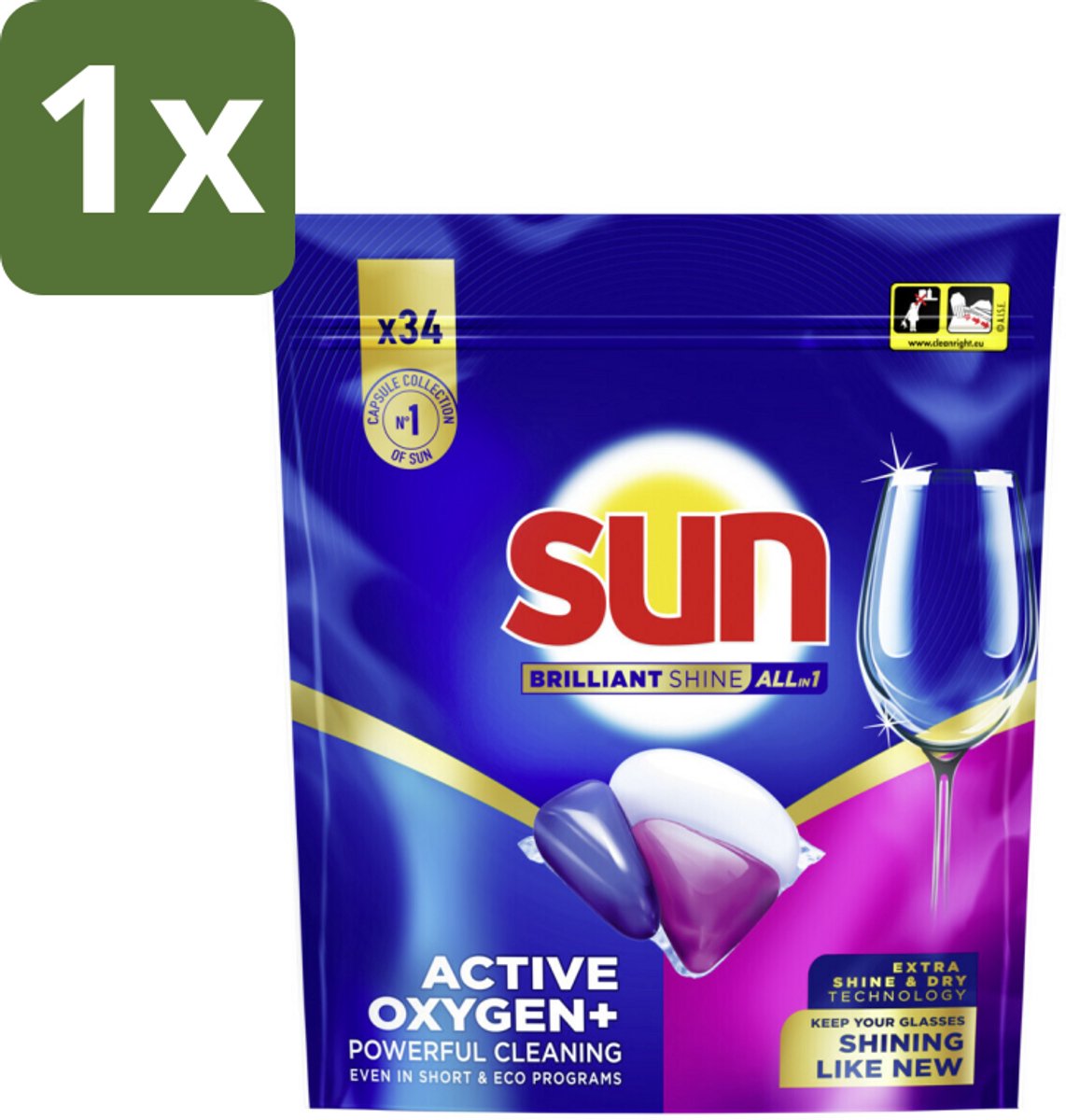 1 x Sun - Vaatwascapsules - Brilliant Shine All-in-1 met Active Oxygen+ - 34 capsules - Vaatwasmiddel - Vaatwascapsules - Schone Vaat - Glans - Vaatwasser