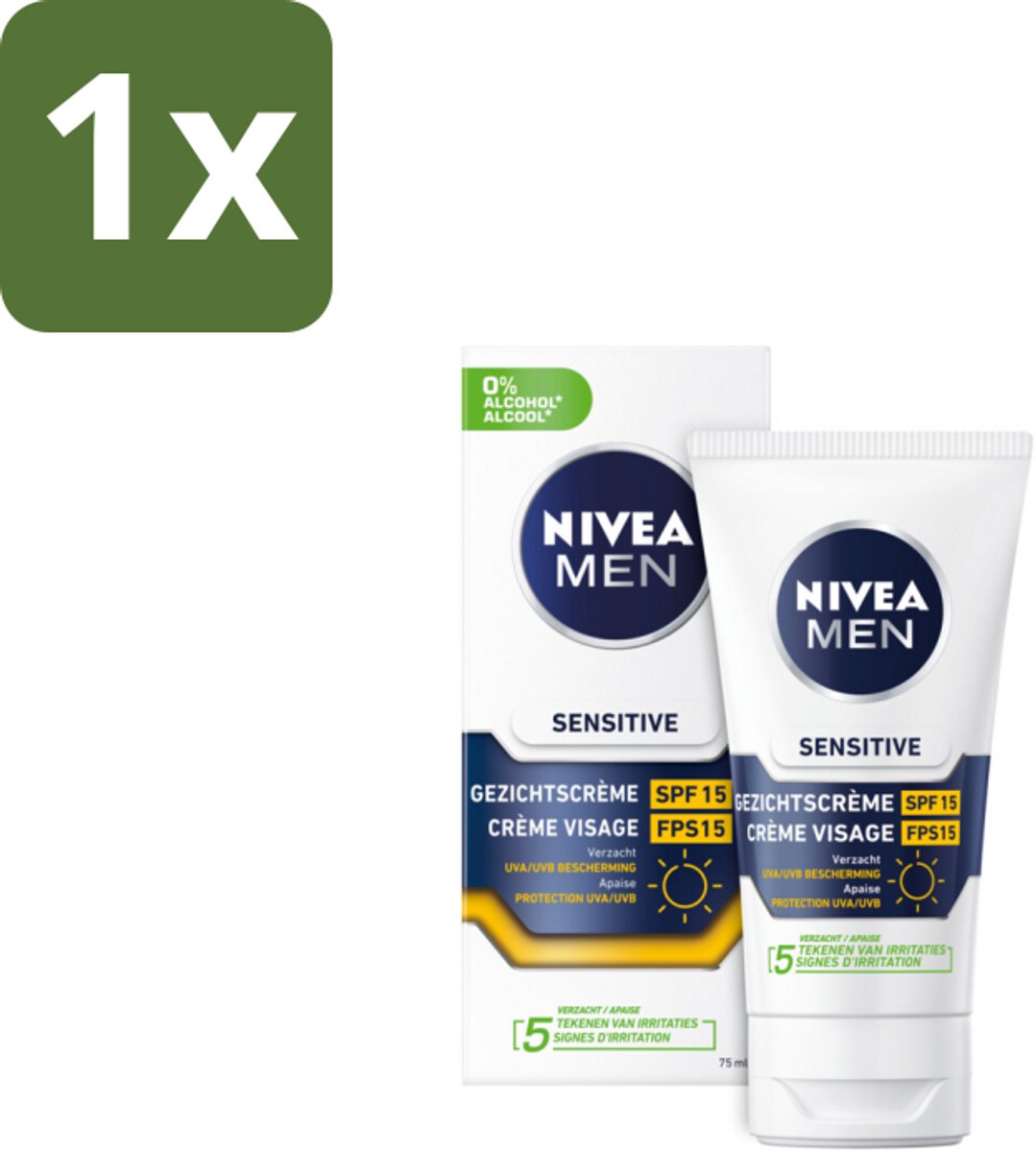 1 x NIVEA MEN - Sensitive - Gezichtscrème met SPF 15 - 75 ml - Gevoelige Huid - Gevoelige Mannenhuid - Gezichtscrème - SPF 15 - Alcoholvrije Crème