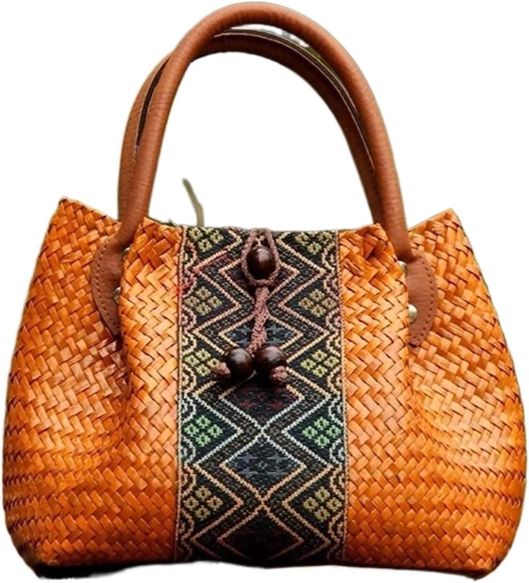 Strandtas Gevlochten - Rieten Schoudertas - Zomerse Uitjes - Handgemaakt Geweven - 30 x 23 x 12 cm - Natuurlijk