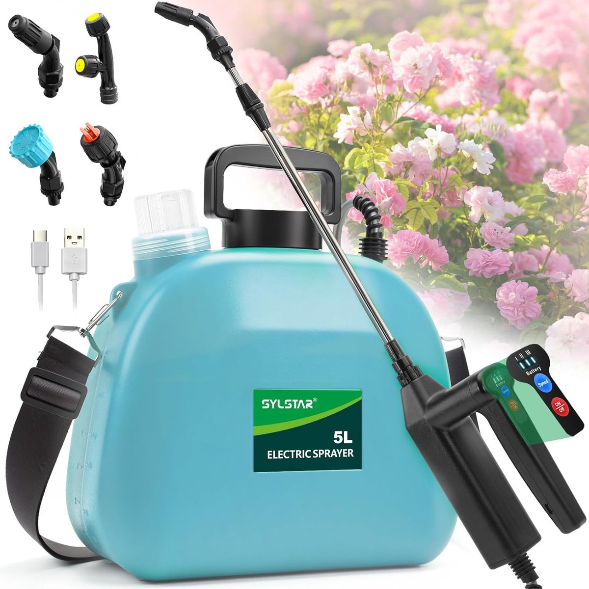 SnelShoppen - Drukspuit 5 liter met 7,4 V accu, 4 verstelbare sproeiers, 3 sproeisnelheden en 60 cm telescoopstang voor tuin, onkruid en plantenverzor