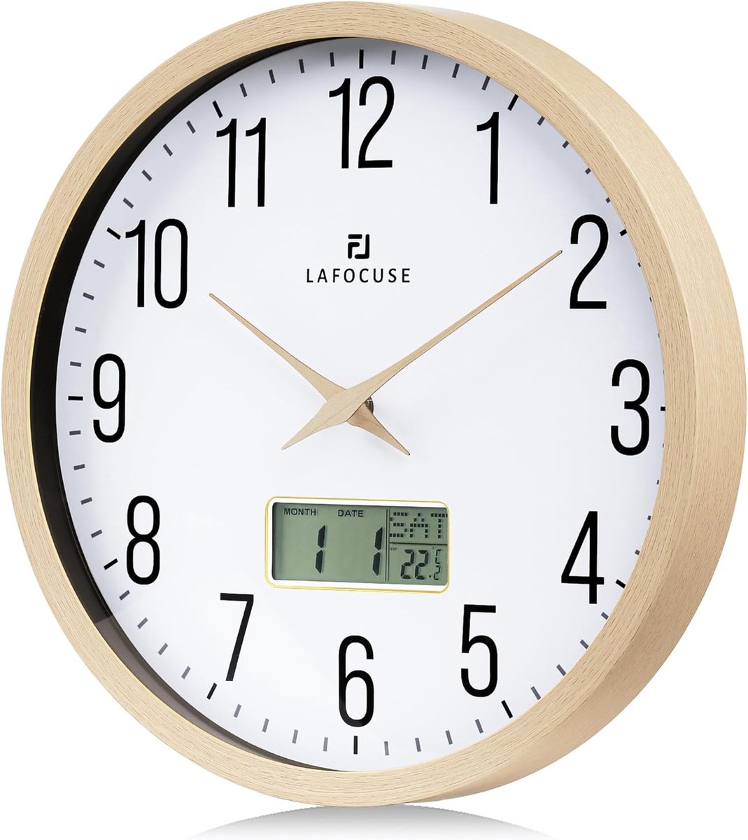 SnelShoppen - Digitale wandklok met kalender en thermometer, analoge kwartsklok 30 cm, vintage beige, voor woonkamer, slaapkamer, kantoor en keuken