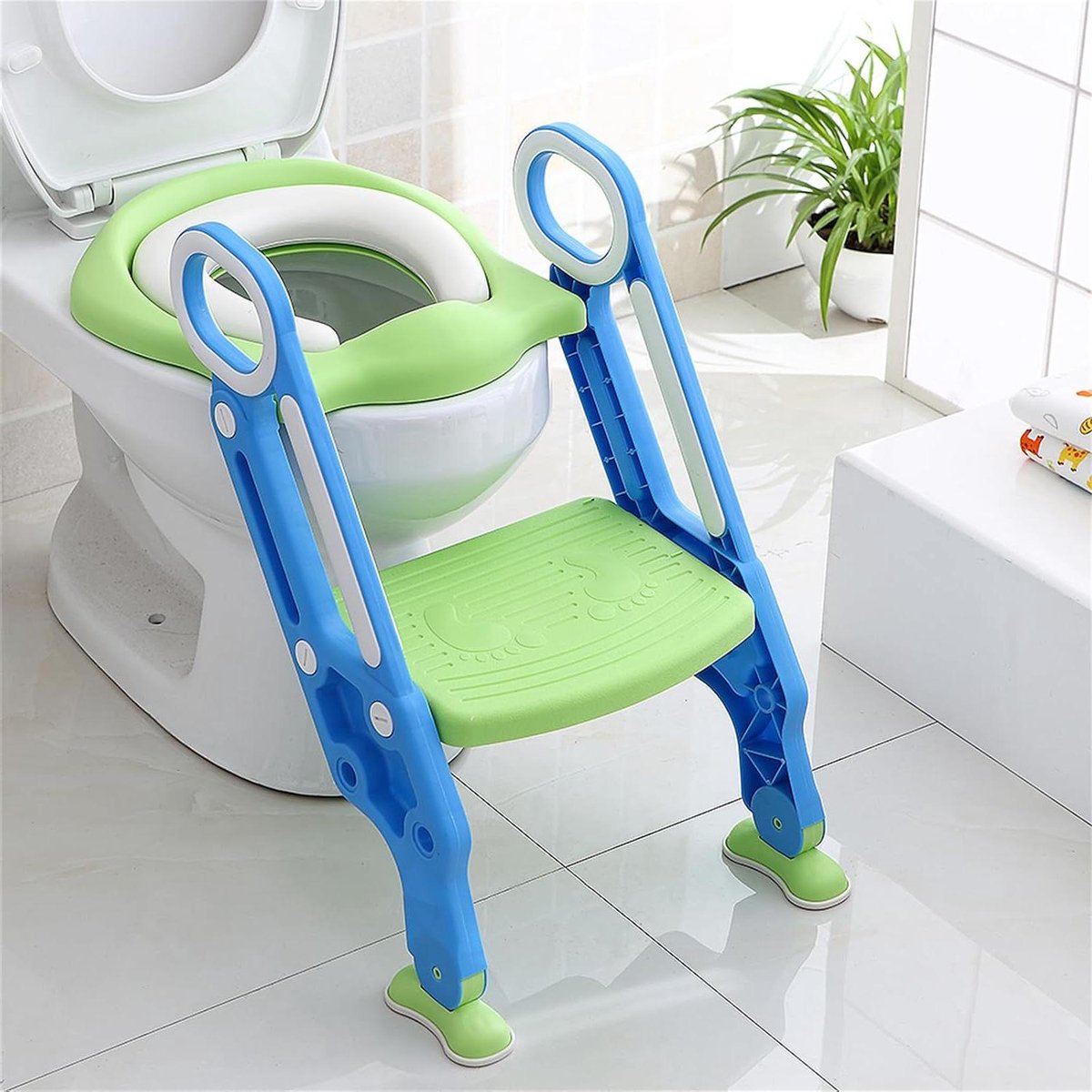 Kindertoiletbril - Zindelijkheidstrainer Opstapje - Kinderen Zindelijk Maken - Verstelbaar en Opvouwbaar - 41x31 cm - Blauw Groen