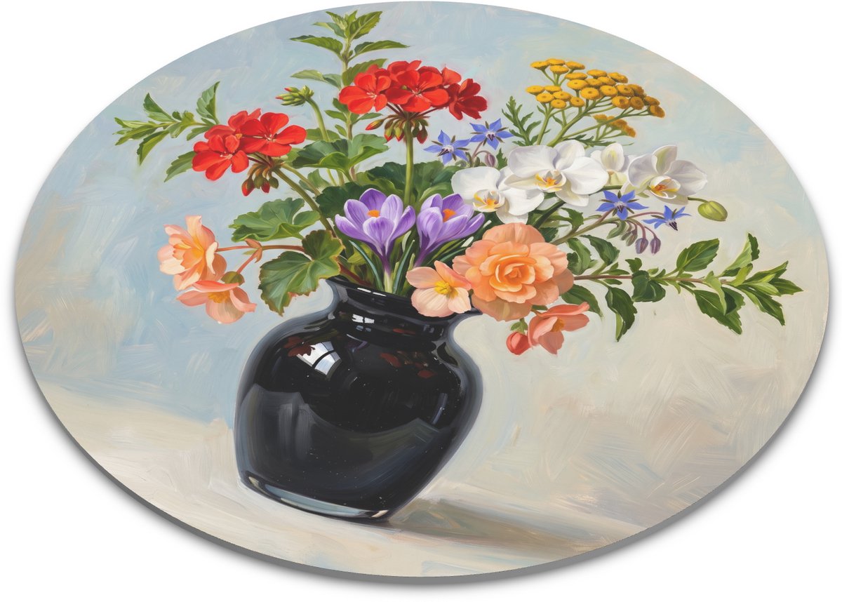 Ronde Muismat Boeket met Rode Geraniums en Witte Orchideeën Bloemen Stilleven Schilderkunst 22x22 cm