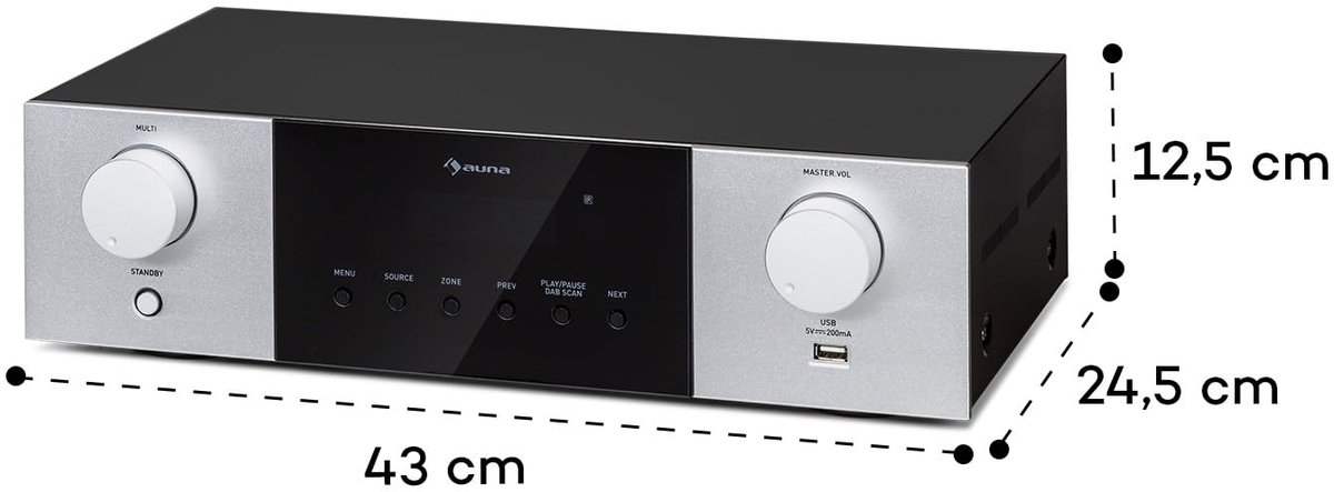 SnelShoppen - Auna AMP-4000 DAB hifi stereo versterker met DAB+ radio, USB afstandsbediening, zwart-wit versterker met LED display voor thuisgebruik thumbnail 6
