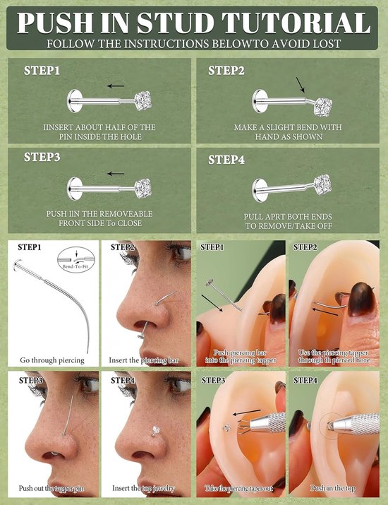 Studs Neus Ringen Set Hypoallergeen Chirurgisch Staal Threadless Labret Piercing Helix Kraakbeen Tragus Piercing Lip Ring 16/18/20G — afbeelding 4