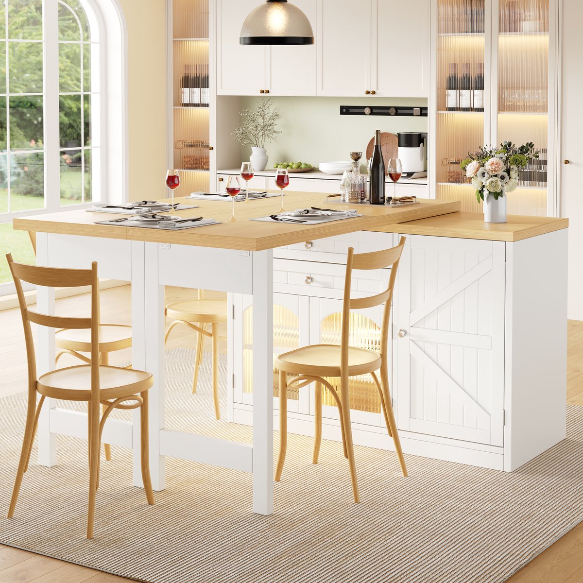 COVREO Eettafel 120-194 cm wit, MDF en metaal, draaibaar met 2 lades