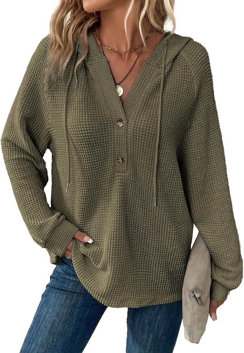 Hoodie dames wafel losse capuchon knoopsluiting sweatshirt V-hals met trekkoord lange mouwen pullover dames met capuchon, legergroen, L