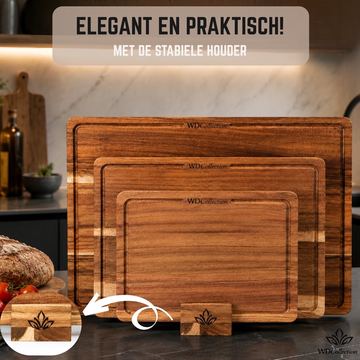 WDCollection® Snijplankenset 3-delig – Acaciahout – Dubbelzijdig – Met Sapgeul – Inclusief Houten Houder – Borrelplanken - Tapasplank - Houten Snijplank - (40x30 | 33x24 | 26x18 cm) — cadeau in Kookcadeaus - foto 6
