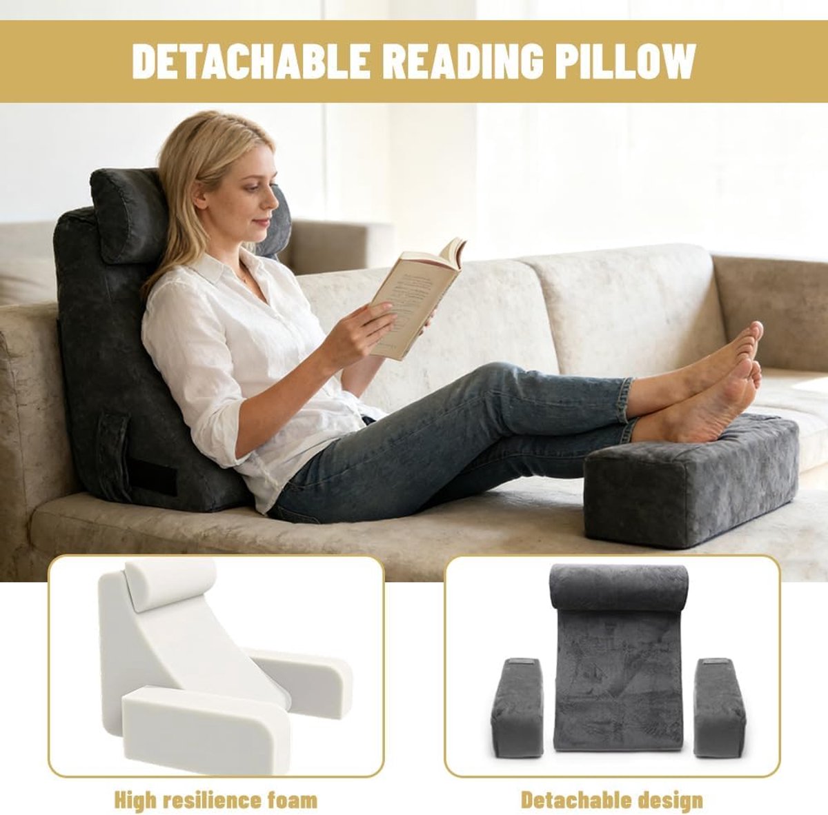 Leeskussen voor bed en bank, rugkussen met armleuningen en hoofdkussen, ergonomisch 45°-design, wasbare overtrek, zitkussen, bedrug