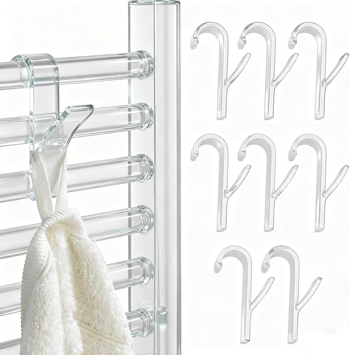 8 stuks haken voor handdoekradiator, ronde radiator, haken, radiatorhaken, handdoekhaken, sterke radiatorhaken, voor alle standaard radiatoren (transparant)