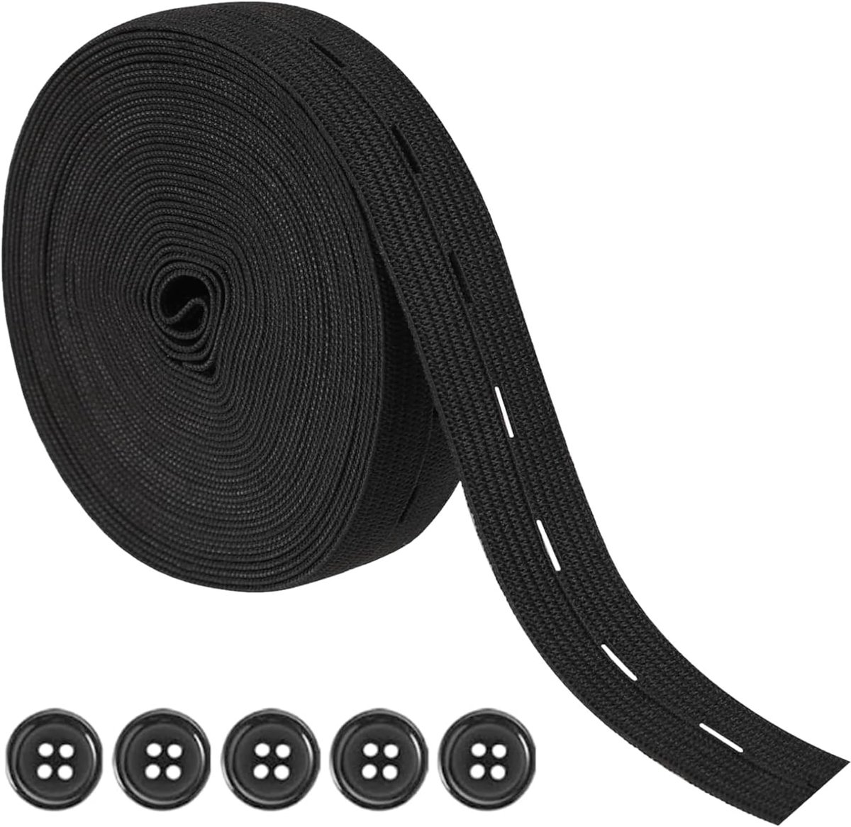 Elastische brede banden, 20 mm x 5 m, zwart, elastische knoopsgatset met 5 knopen, platte naaiband met knoopsgat, elastiek voor broekrok, hoofdband, breien, taillebanden
