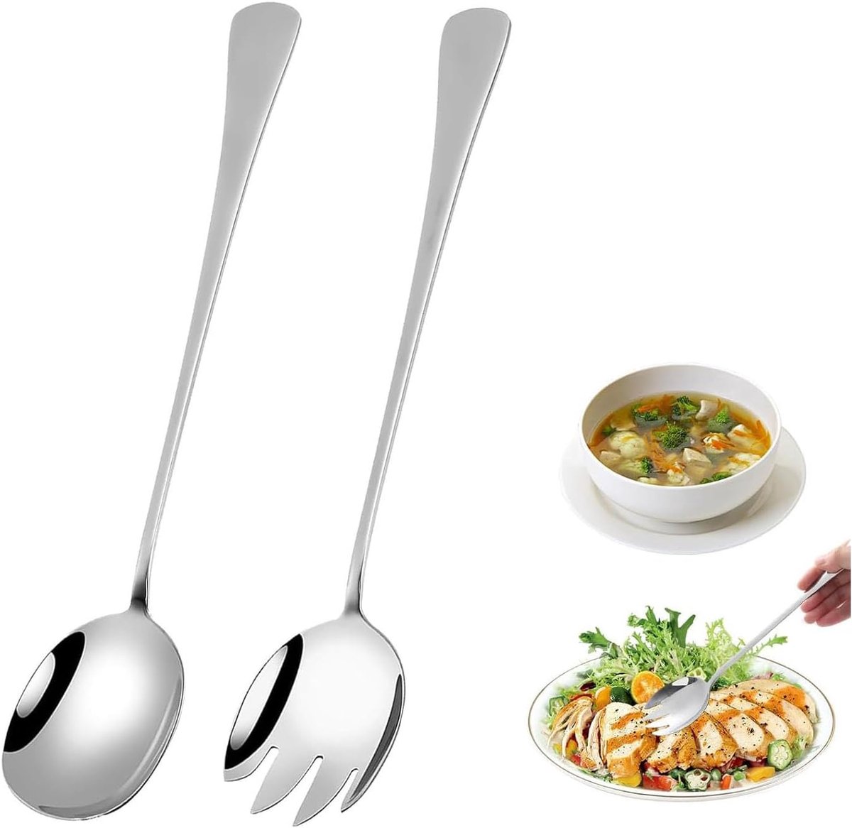 2 stuks serveerbestek 28 cm, grote slavork en serveerlepel van roestvrij staal - lang slabestek voor keuken, buffet, feest - vaatwasmachinebestendig voor hotel en horeca